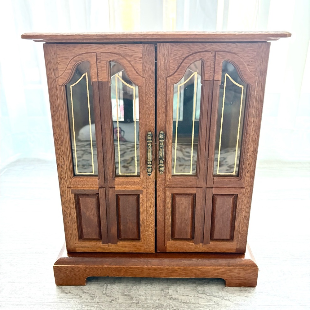 Vintage Art Deco Style Tall Wood Jewelry Box Glass Double Doors Music Box
